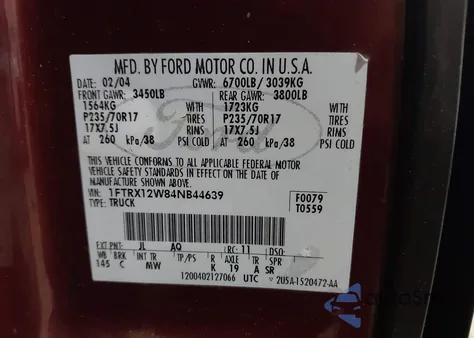 2004 Ford F150 z USA, uszkodzony, nr VIN 1FTRX12W84NB44639